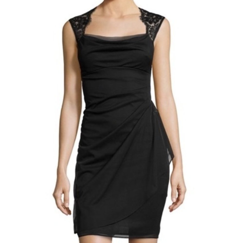 Black Cocktail Dress with Sweatheart Neckline and Lace Overlay
